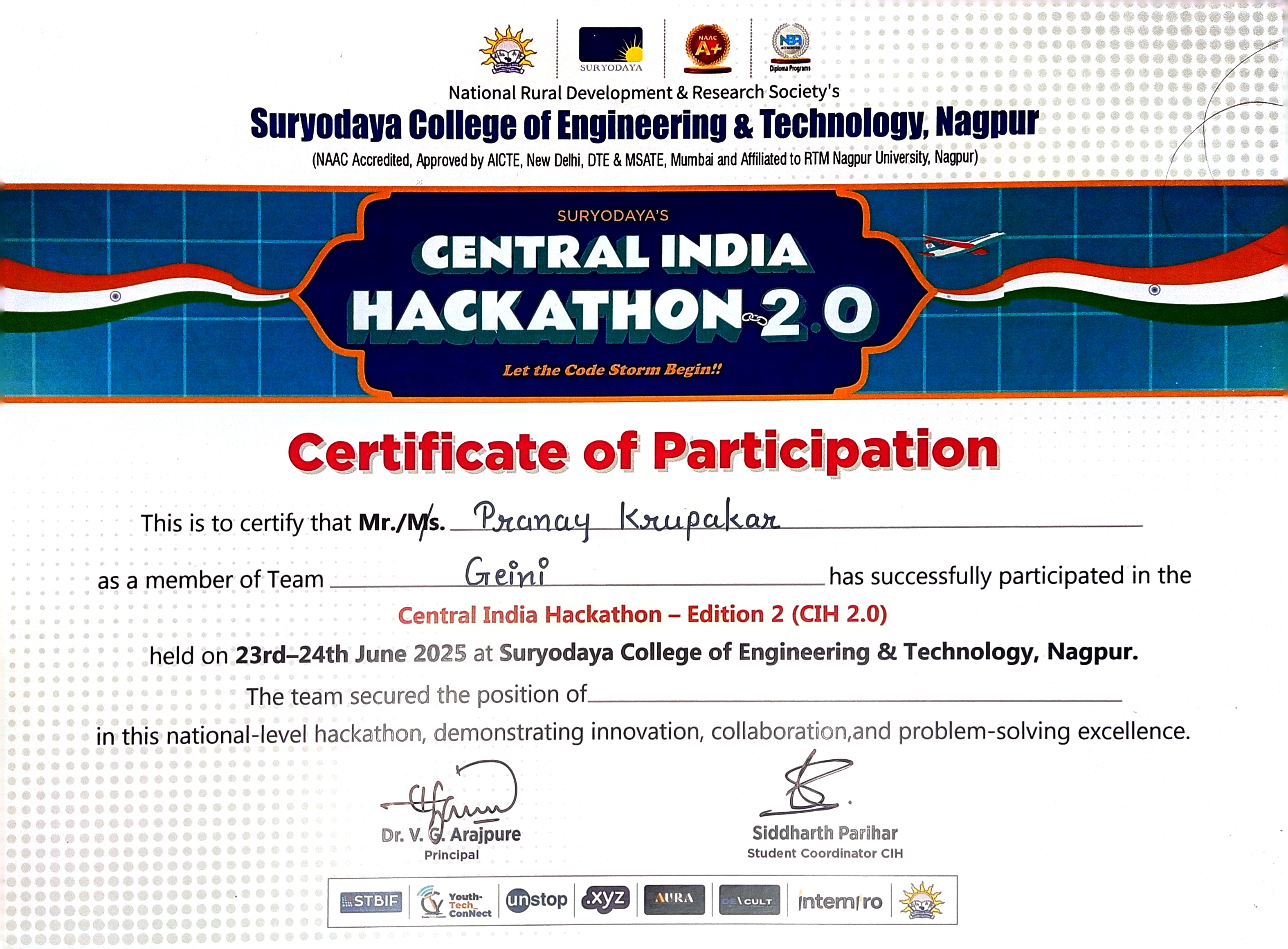 CIH 2.0 Hackathon Certificate